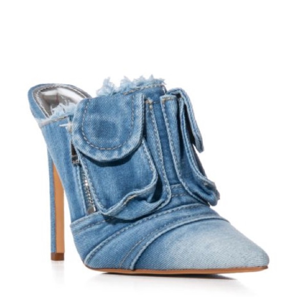 Azalea Wang Blue Distressed Denim Cargo Pockets Mule Heels